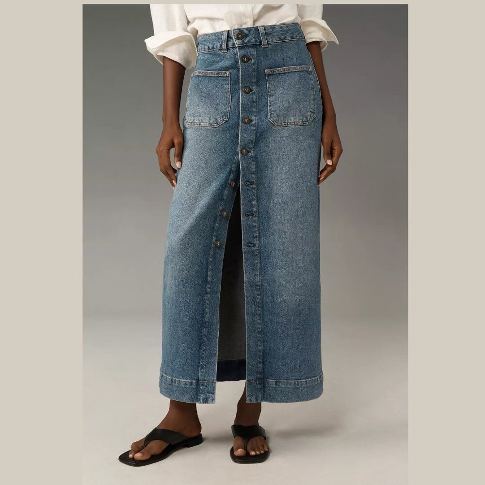 Anthropologie Pilcro Denim Button-Front Midi Skirt Medium Blue Size 0